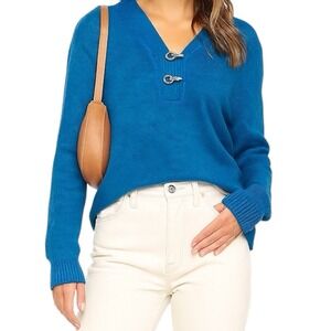 Charter Club Toggle V-Neck Sweater Blue Knit Petite Medium Women's Coastal Luxe‎